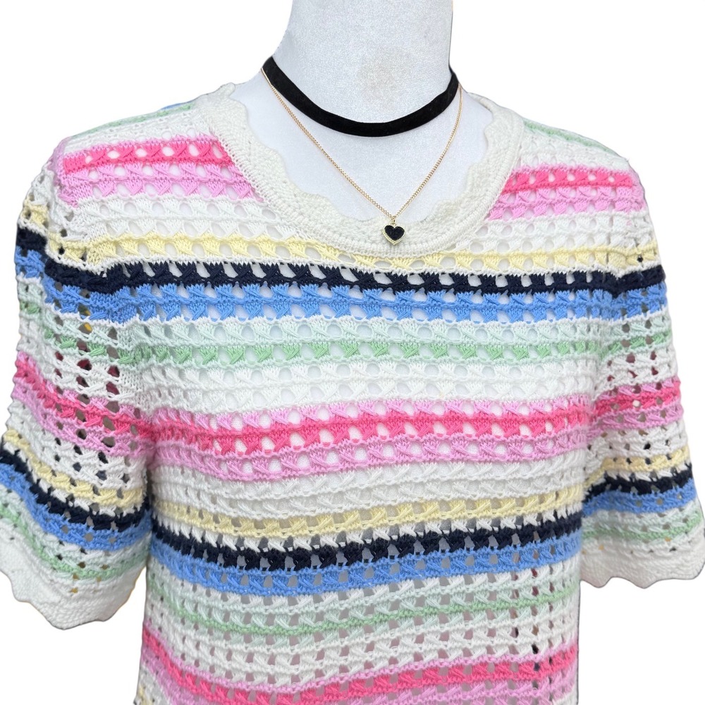 GAP Womens Rainbow Striped Cotton Crochet Small Top Open Knit Boho Summer - Picture 2 of 12